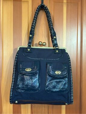 Cynthia Rowley Navy Canvas Shoulder Bag with Gold-Tone Hardware